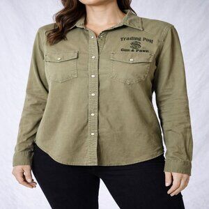 Lucky Brand Trading Post Gun & Pawn Army Green Western Button Up Shirt Sz Small